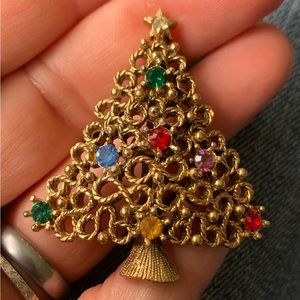 Rare vintage JJ Christmas Tree Brooch infinite knot tree design with bling